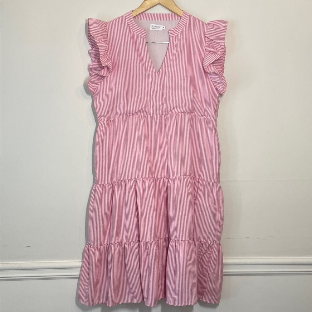 Ruffle-Sleeve Pink Striped Midi Dress